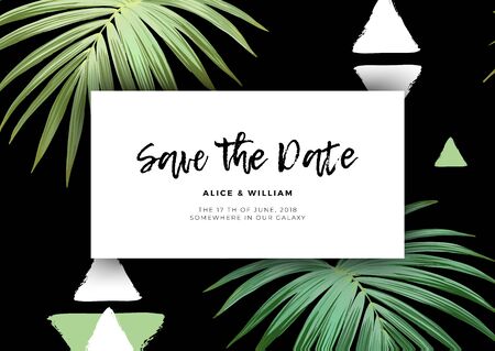 Modern floral wedding invitation with royal palm leaves and textured triangles. Exotic hawaiian vector background. Save the date design.のイラスト素材