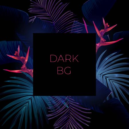 Dark blue and violet tropical party design with palm leaves and neon light. Summer night vector illustration.のイラスト素材