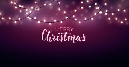 Mysterious blurred background with glowing light bulb garlands. Fairy lights decor for Christmas, New Year, birthday celebration flyer, banner or invitation. Vector illustration.のイラスト素材