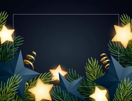 Christmas background design with fir tree branches, glowing stars, gold serpentines and paper stars. Dark backdrop with space for text. Vector flyer or banner template.のイラスト素材