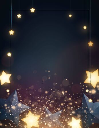 Christmas background design with yellow glowing stars, blue paper stars and gold confetti. Dark backdrop with space for text. Vector flyer or banner template.のイラスト素材