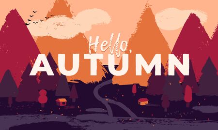 Hand drawn textured autumn landscape illustration with mountains, forest, small village and roads. Vector art illustration.のイラスト素材
