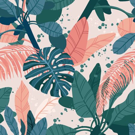 Seamless hand drawn tropical vector pattern with exotic palm leaves and various plants on light background.のイラスト素材