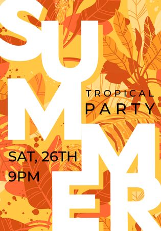 Bright orange vector summer design with exotic palm leaves and space for text. Party flyer or banner template. Tropical background illustration.のイラスト素材