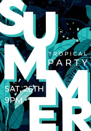 Dark vector summer design with exotic palm leaves and space for text. Party flyer or banner template. Tropical background illustration.のイラスト素材