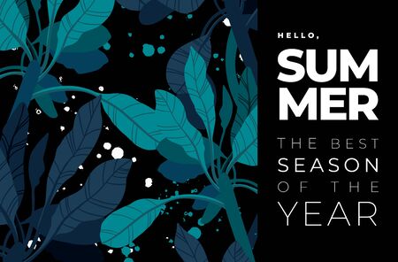 Dark vector summer design with exotic palm leaves and space for text. Card template, banner of flyer background. Tropical backdrop illustration.のイラスト素材
