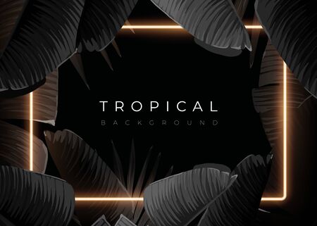 Dark monochrome tropical design with exotic banana leaves, soft neon frames and space for text. Vector summer template for poster, banner, card or flyer.のイラスト素材