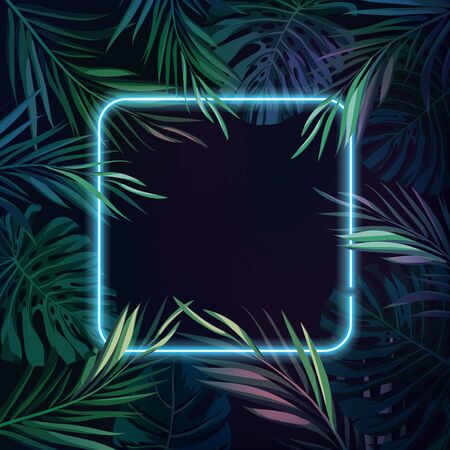 Tropical glowing neon frame. Dark night jungle palm leaves. Summer vector background illustration.のイラスト素材