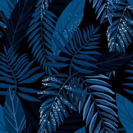 Seamless hand drawn tropical vector pattern with exotic palm leaves and various plants on dark blue indigo background.のイラスト素材