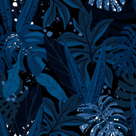 Seamless hand drawn tropical vector pattern with exotic palm leaves and various plants on dark blue indigo background.のイラスト素材