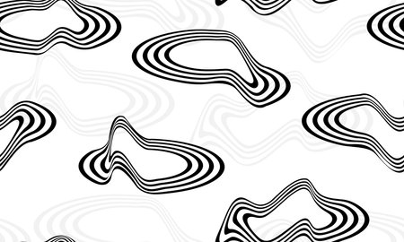 Abstract vector seamless pattern with damaged liquid effect striped circle shapes. Wavy black and white graphic.のイラスト素材