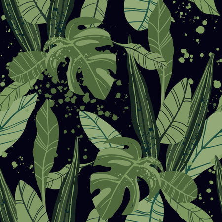 Seamless tropical pattern with exotic palm leaves and various plants on dark background.のイラスト素材