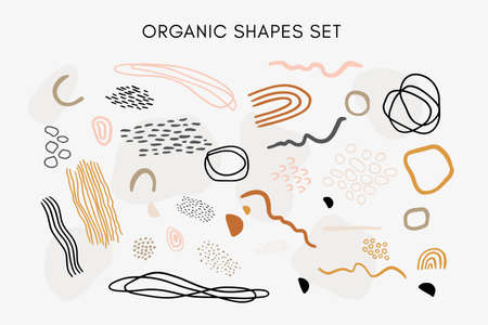 Set of vector hand drawn abstract organic textures, lines, shapes and elements in warm neutral tones with thin irregular black lines.のイラスト素材