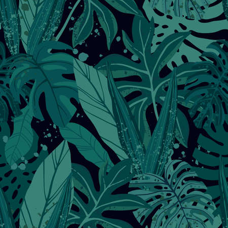 Seamless tropical pattern with exotic palm leaves and various plants on dark background.のイラスト素材