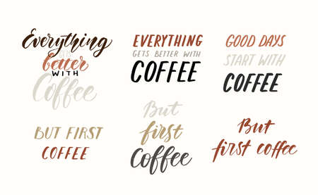 Coffee quotes typography set. Vector handwritten inspirational phrases. Coffee shop promotion.のイラスト素材