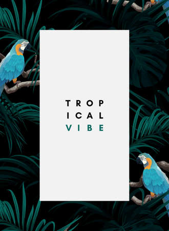 Dark tropical design with exotic monstera and royal palm leaves, blue macaws and branches. Vector illustration.のイラスト素材