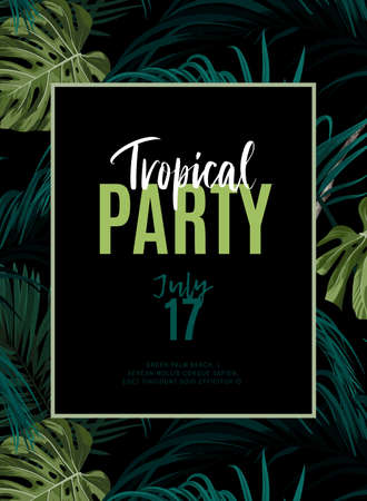 Dark tropical design with exotic monstera and royal palm leaves, blue macaws and branches. Vector illustration.のイラスト素材