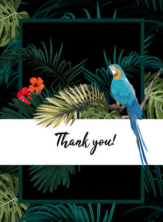 Dark tropical design with exotic monstera and royal palm leaves, blue macaws and branches. Vector illustration.のイラスト素材