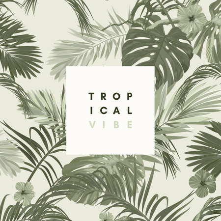 Vintage monochrome pale plive tropical design with exotic monstera and royal palm leaves and hibiscus flowers. Vector illustration.のイラスト素材