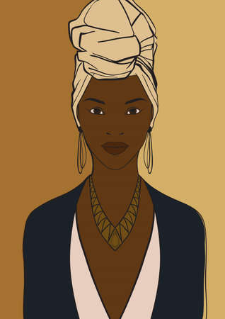 Beautiful young black african woman wearing an African-style turban head warp, vector illustrationのイラスト素材