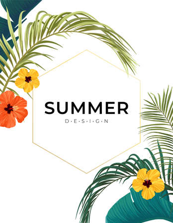 Summer tropical background with exotic palm leaves and hibiscus flowers. Vector floral template.のイラスト素材