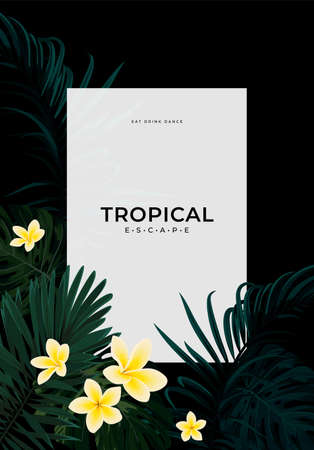 Summer tropical vector design for banner or flyer with dark green palm leaves and flowers.のイラスト素材