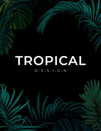 Dark summer tropical background with exotic palm leaves. Vector floral template.のイラスト素材