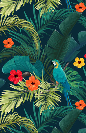 Tropical plants, hibiscus flowers and monstera palm leavesのイラスト素材