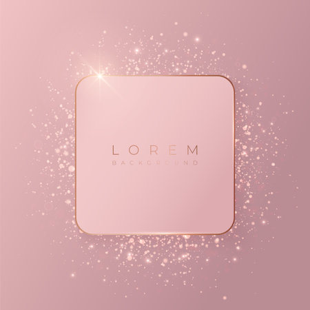 Pale pink square 3d background mockup shape with gold frame and shiny glitter.のイラスト素材