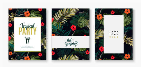 Set of tropical summer postcards with palm leaves.の写真素材