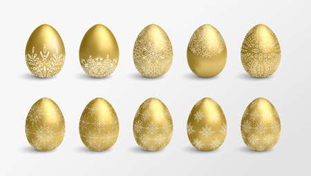 Set of golden vector Easter eggs with white floral decorationのイラスト素材