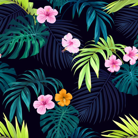 Seamless hand drawn tropical vector pattern with bright hibiscus flowers and exotic palm leaves on dark background.のイラスト素材