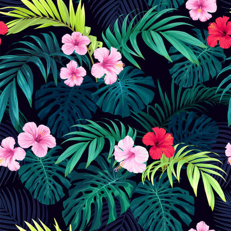 Seamless hand drawn tropical vector pattern with bright hibiscus flowers and exotic palm leaves on dark background.のイラスト素材