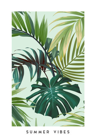 Hawaiian floral design with monstera palm leaves. Exotic tropical summer vector background.