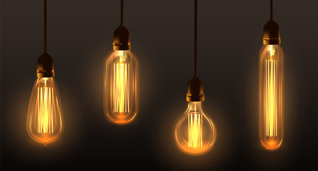 Set of hanging Edison light bulbs, vectorのイラスト素材
