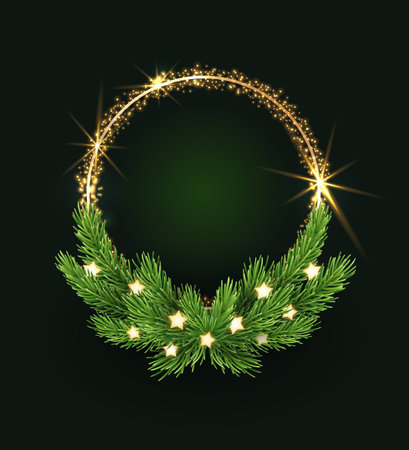 Christmas wreath with pine branches, gold glitter and glowing stars. Round vertical vector template.のイラスト素材