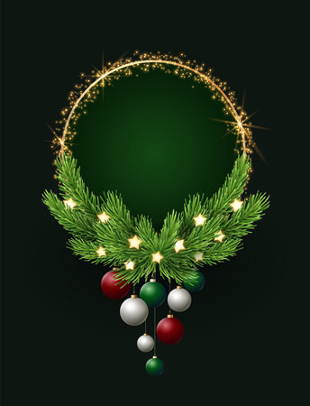 Christmas wreath with pine branches, gold glitter and glowing stars. Round vertical vector template.のイラスト素材
