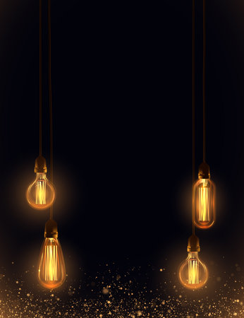Background with warm light Edison light bulbs and golden glitter.のイラスト素材