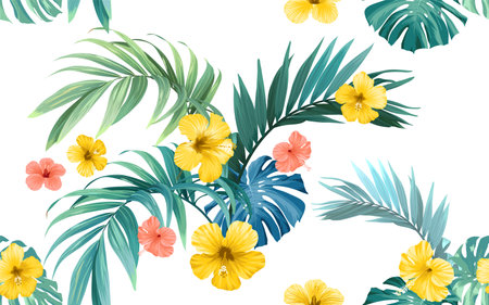 Tropical pattern with green monstera leaves and hibiscus flowers. Summer vector background or textile illustration.のイラスト素材