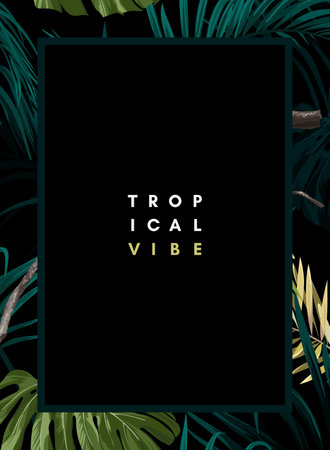 Dark tropical design with exotic monstera and royal palm leaves, blue macaws and branches. Vector illustration.のイラスト素材