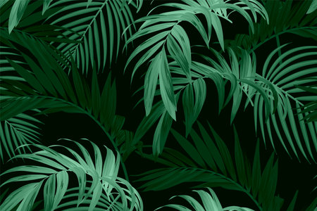 Dark green tropical pattern with palm leaves. Summer vector background or textile illustration.のイラスト素材