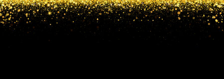 Festive horizontal vector background with gold glitter and confetti for Christmas celebration. Black background with glowing golden particles.のイラスト素材