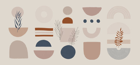 Set of textured hand drawn irregular abstract geometric shapes and plants. Vector organic elements clipartのイラスト素材