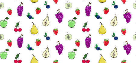 Seamless pattern with fruits and berries. Vector illustration in cartoon style.のイラスト素材
