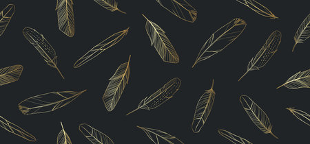 Seamless pattern with golden feathers on a black background. Vector illustration.のイラスト素材