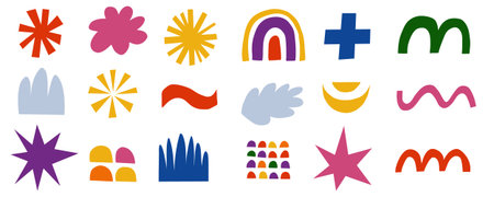 Set of fancy basic bold shapes in brutalism style, hand drawn vector illustration.のイラスト素材