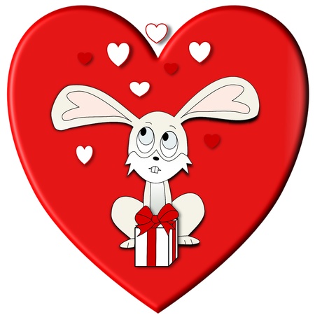 An illustration of a bunny in front of a red heart with a small valentine presentの写真素材