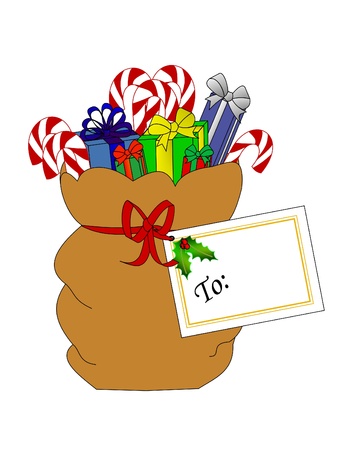 Santas sack full of presents and candy canes with a gift tag.の写真素材