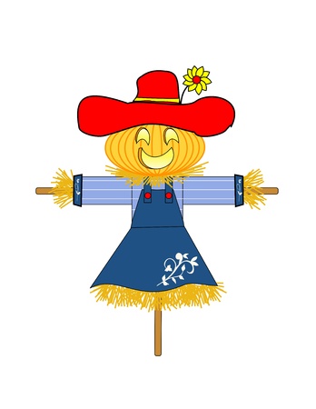 A scarecrow dressed as a woman with a carved pumpkin headの写真素材