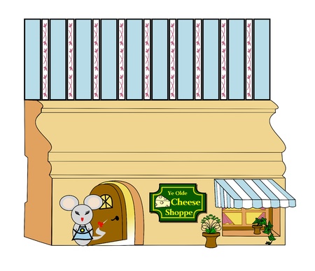 Mouse standing in front of a mouse hole in a baseboard decorated as a cheese store の写真素材